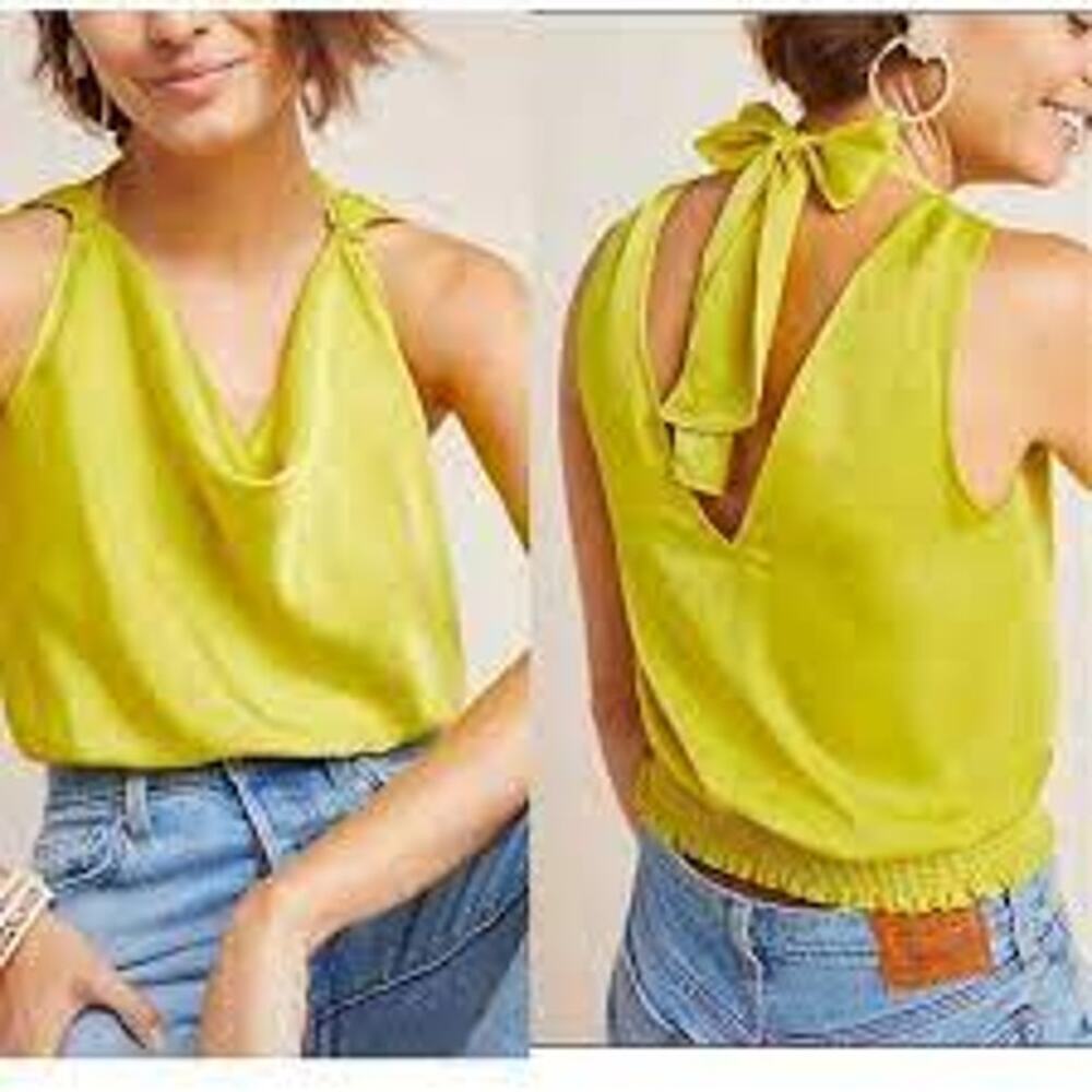 Anthropologie Maeve Alida Satin Cowl Neck Top Chartreuse 8 Draped Cropped Tie
